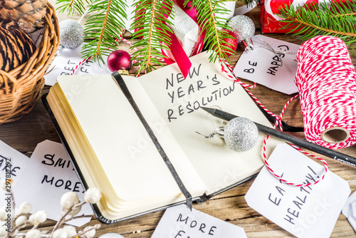 New year resolution concept with different plan and goals, with New year and Christmas decorations, copy space photo
