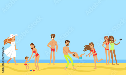 Tourists on Summer Vacation Set, Happy People Relaxing and Having Fun on the Beach Vector Illustration