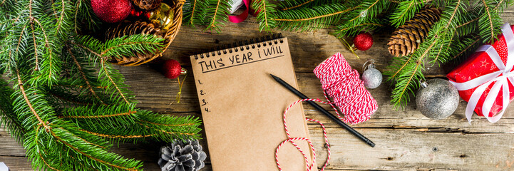New year resolution concept with different plan and goals, with New year and Christmas decorations, copy space banner
