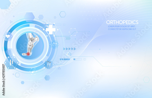 Medical orthopedic abstract background. Treatment for orthopedics traumatology of foot bones and joints injury. Medical presentation, hospital. Vector illustration