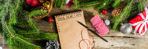 New year resolution concept with different plan and goals, with New year and Christmas decorations, copy space banner