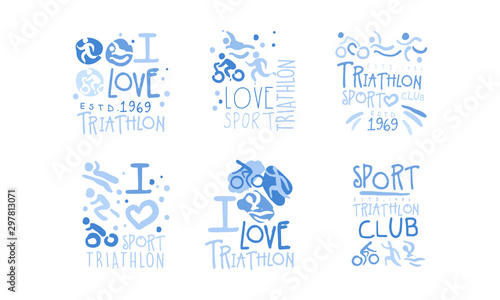 Triathlon Club Logo Set, I Love Sport Retro Hand Drawn Labels Vector Illustration
