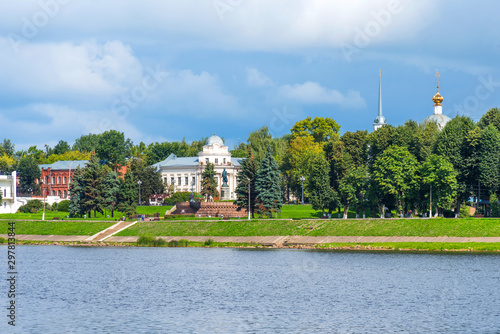 Summer panoramic view of the embankment of Volga River with monument to Athanasius Nikitin and Church of the Three Confessors in Tver, Russia. photo