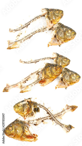 Bones and fish head isolated on white background. Remains of fried fish. food scraps