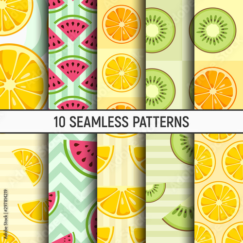 Set of ten lemon, orange, kiwi, watermelon slices seamless patterns. Cute style.