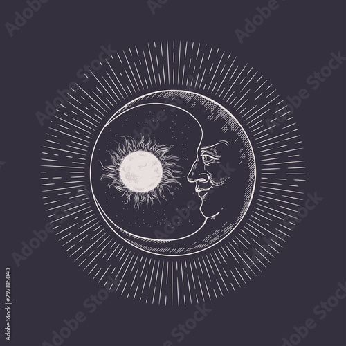 Sun, stars and crescent. Moon face. Vintage illustration.