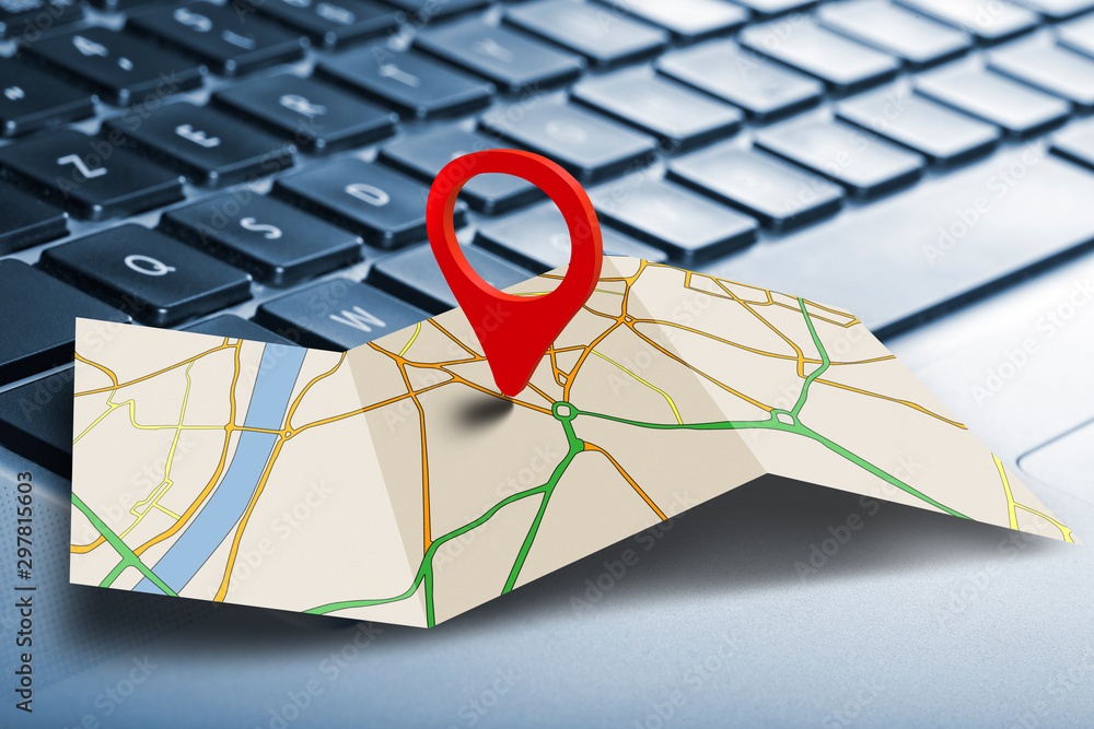 Keyboard from laptop with Map marker pointer Stock Photo | Adobe Stock
