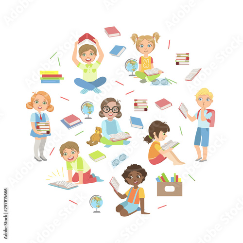 Kids Reading Books  Studying and Enjoying Literature in the Round Shape Vector Illustration