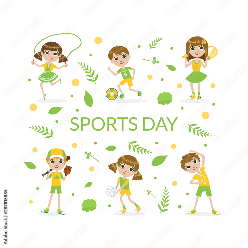 Sports Banner Template with Cute Kids Kids Playing Various Sports Vector Illustration