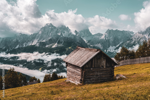 old mountain hut, panoramic view of the Dolomites