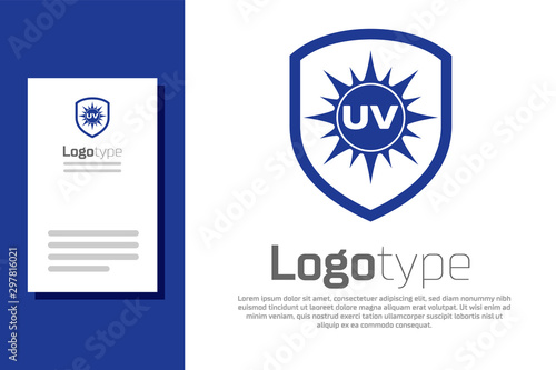 Blue UV protection icon isolated on white background. Sun and shield. Ultra violet rays radiation. SPF sun sign. Logo design template element. Vector Illustration