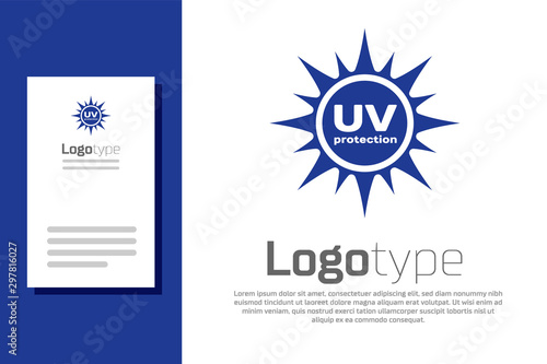 Blue UV protection icon isolated on white background. Ultra violet rays radiation. SPF sun sign. Logo design template element. Vector Illustration