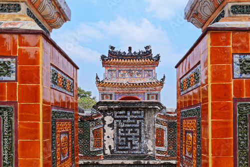 View on the ghost iris through exit from the tomb, gravesite. Old Imperial City in Hue, Vietnam
