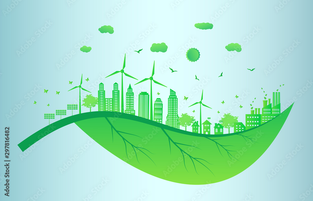 Eco friendly concept, Green city save the world.Ecology and Environmental Concept,Earth Symbol  Help The World With Eco-Friendly Ideas.Vector EPS 10.