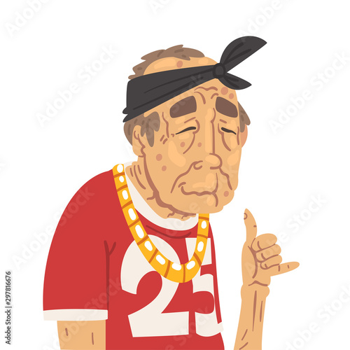 Fashion Senior Man Character, Old Man Hip Hop Gangsta Rapper in Bandana Vector Illustration