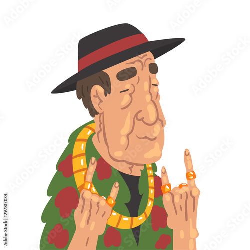 Fashion Senior Man Character, Old Man Wearing Ttrendy Clothes and Black Hat Vector Illustration