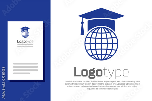 Blue Graduation cap on globe icon isolated on white background. World education symbol. Online learning or e-learning concept. Logo design template element. Vector Illustration