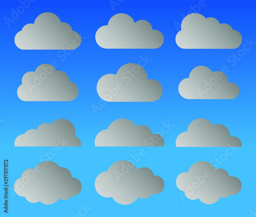 White cartoon clouds icon collection. Weather forecast logo symbol. Vector illustration image. Isolated on blue sky background.