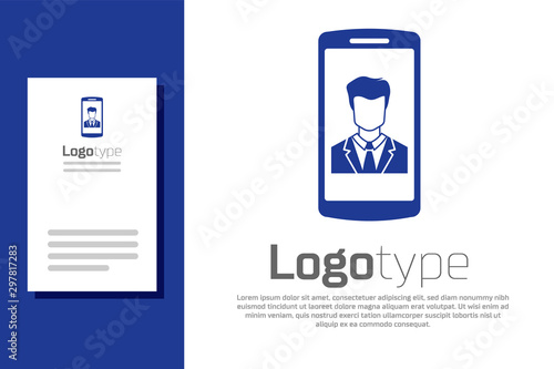 Blue Smartphone with contact on screen icon isolated on white background. Incoming call. Human on phone screen. Call contact. Logo design template element. Vector Illustration