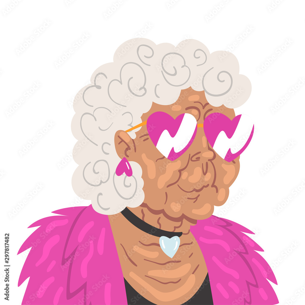 Fototapeta premium Fashion Gray Haired Senior Woman, Beautiful Old Lady Character Wearing Trendy Clothes Vector Illustration