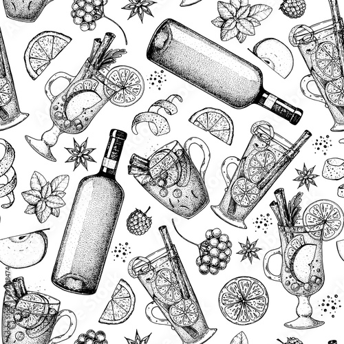 Hot drinks. Sketch seamless pattern. Mulled wine, winter hot drink. Hand drawn sketch. Vector illustration. Christmas invitation design template. Christmas bar menu. Mulled wine, coffee and tea