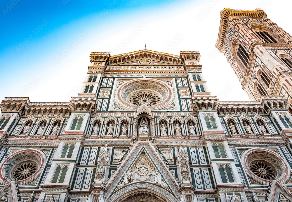 The Basilica di Santa Maria del Fiore and Giotto's Campanile - famous landmarks of Florence in Italy
