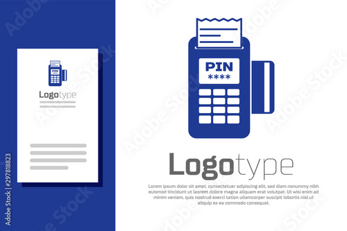 Blue POS terminal with inserted credit card and printed reciept icon isolated on white background. NFC payment concept. Logo design template element. Vector Illustration