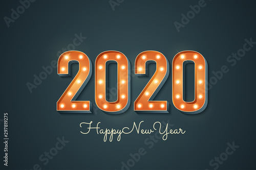 2020 sign with light bulb. Happy new year greeting card with 3d retro font. Bright vintage marquee 2020 signboard isolated on dark background. Vector illustration.