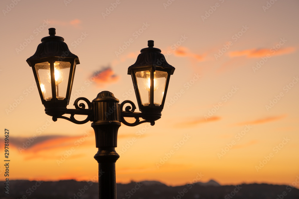 Street lantern at sunset on Corfu island, Greece