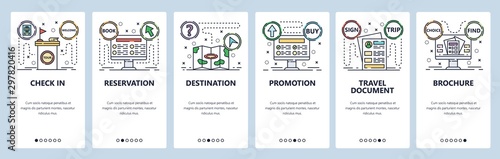 Mobile app onboarding screens. Travel documents, book a tour, buy online. Menu vector banner template for website and mobile development. Web site design flat illustration