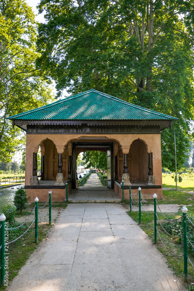 The fountains, pavillions and gardens of Shalimar Bagh Moghul gardens on the banks of Dal Lake.