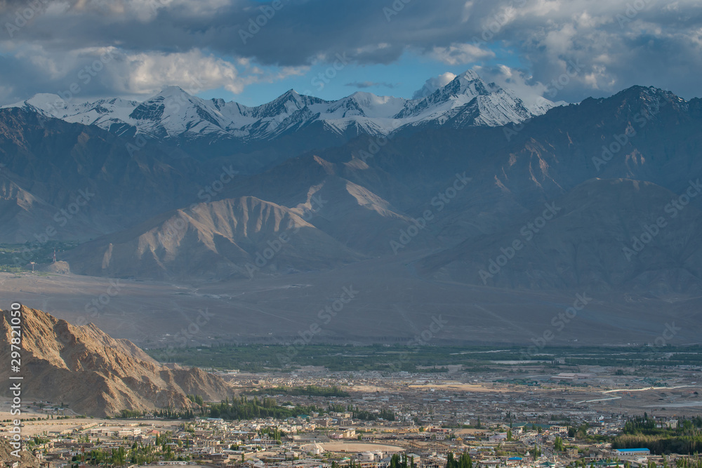 View of Leh nature landscape, the capital of Ladakh, Northern India. Leh city is located in the Indian Himalayas at an altitude of 3500 meters.
