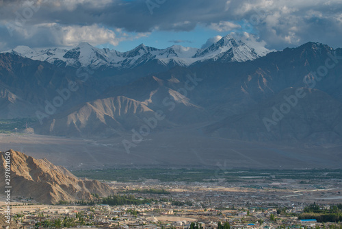 View of Leh nature landscape, the capital of Ladakh, Northern India. Leh city is located in the Indian Himalayas at an altitude of 3500 meters.