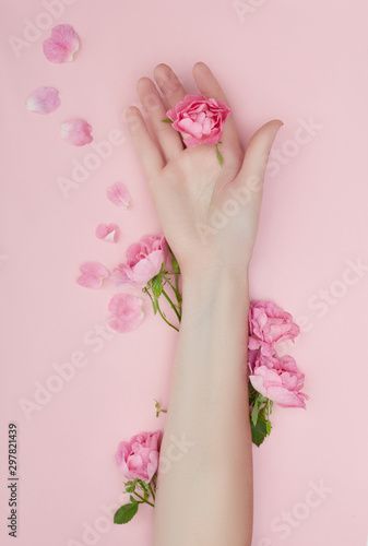 Beauty Hand of a woman with red flowers lies on table  pink paper background. Natural cosmetics product and hand care  moisturizing and wrinkle reduction  skincare