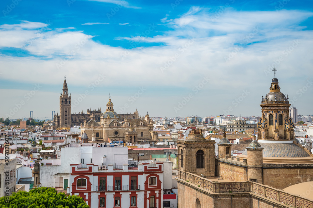 Fototapeta premium From the top of the Space Metropol Parasol (Setas de Sevilla) one have the best view of the city of Seville, Spain. It provides a unique view of the old city center
