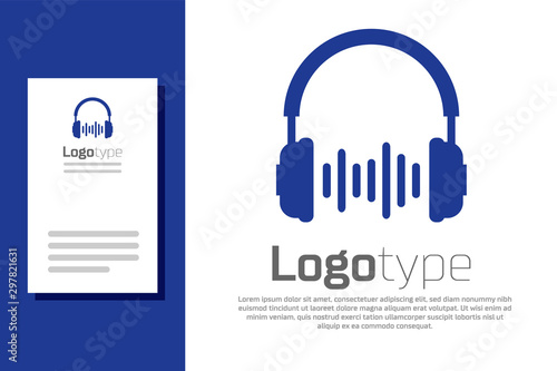 Blue Headphone and sound waves icon isolated on white background. Concept object for listening to music, service, communication and operator. Logo design template element. Vector Illustration
