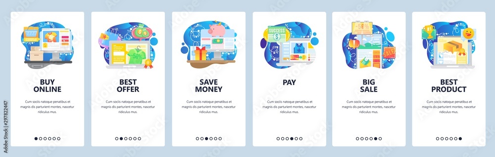 Mobile app onboarding screens. Buy products online, internet store sale, payment, savings. Menu vector banner template for website and mobile development. Web site design flat illustration - obrazy, fototapety, plakaty 