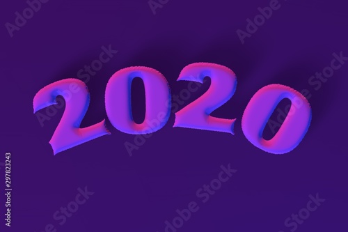 Neon inflatable figures 2020. Balloons. New Year. 3d render, illustration.