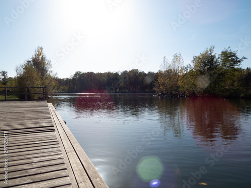 River bank with small wooden pier surrounded by forest on sunny day