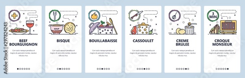 Mobile app onboarding screens. French cuisine, beef bourguignon, creme brulee, bisque, food. Menu vector banner template for website and mobile development. Web site design flat illustration