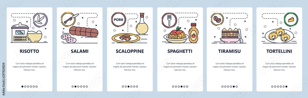 Mobile app onboarding screens. Italian cuisine, food, risotto, salami, pasta, tortellini. Menu vector banner template for website and mobile development. Web site design flat illustration