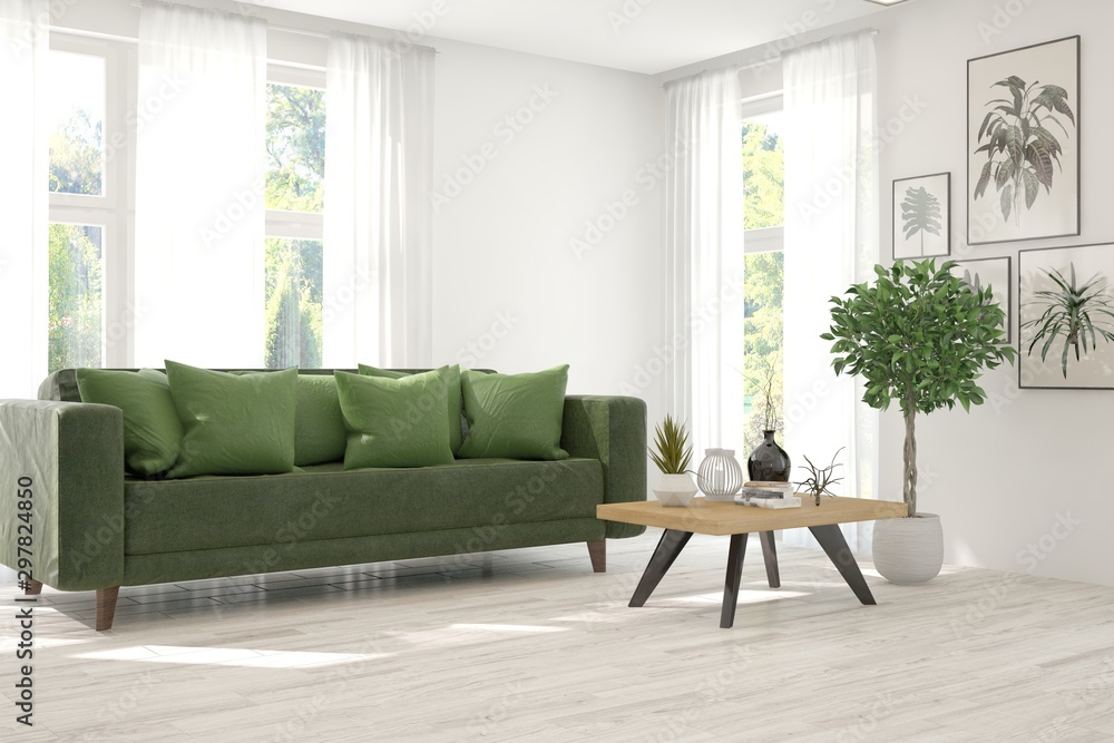 Stylish room in white color with sofa. Scandinavian interior design. 3D illustration Stylish room in white color with sofa. Scandinavian interior design. 3D illustration