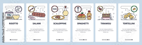 Mobile app onboarding screens. Italian cuisine, food, risotto, salami, pasta, tortellini. Menu vector banner template for website and mobile development. Web site design flat illustration