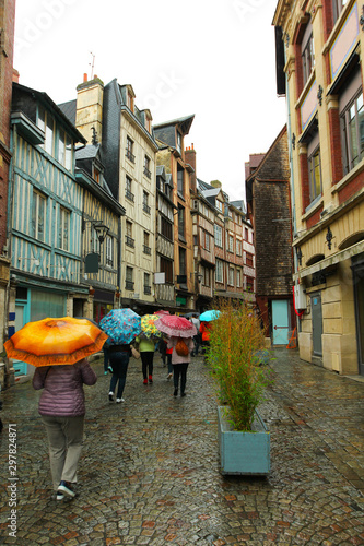 Picturesque medieval street of autumn rainy Rouen, Normandy