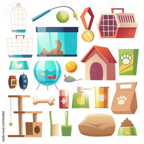 Pet shop food and accessories set isolated on white background. home animals store goods. Toys, grooming tools, carrying box, fish aquarium, medicine. Petshop supermarket. Cartoon vector illustration