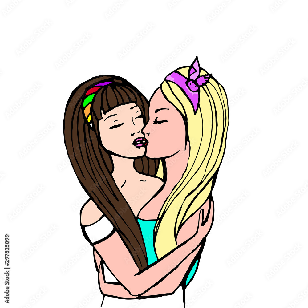 Lesbians kiss. Two young girls hugging and kissing together. Lgbt pride. Homosexual women. Multiethnic lovers. LGBT parade concept. Blonde and brunette pic