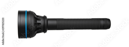 modern black metal flashlight isolated on white photo