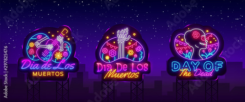Day of the dead Neon signs set Vector. Dia de los moertos neon icons collection. Fiesta, holiday poster, party flyer, greeting card, design template. Vector illustration. Billboards