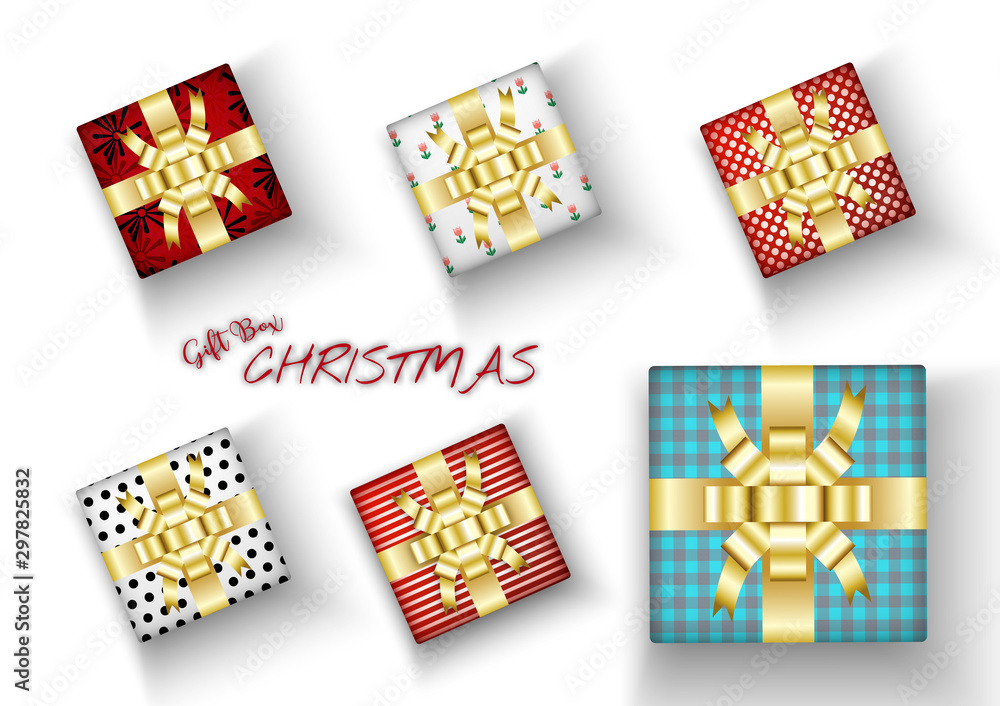 Fototapeta premium Set of Merry Christmas realistic gift box with bright wrapping and golden bow