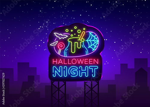 Halloween neon billboard vector. Halloween Night Design template and web for banner, poster, greeting card, party invitation, light banner. Isolated illustration